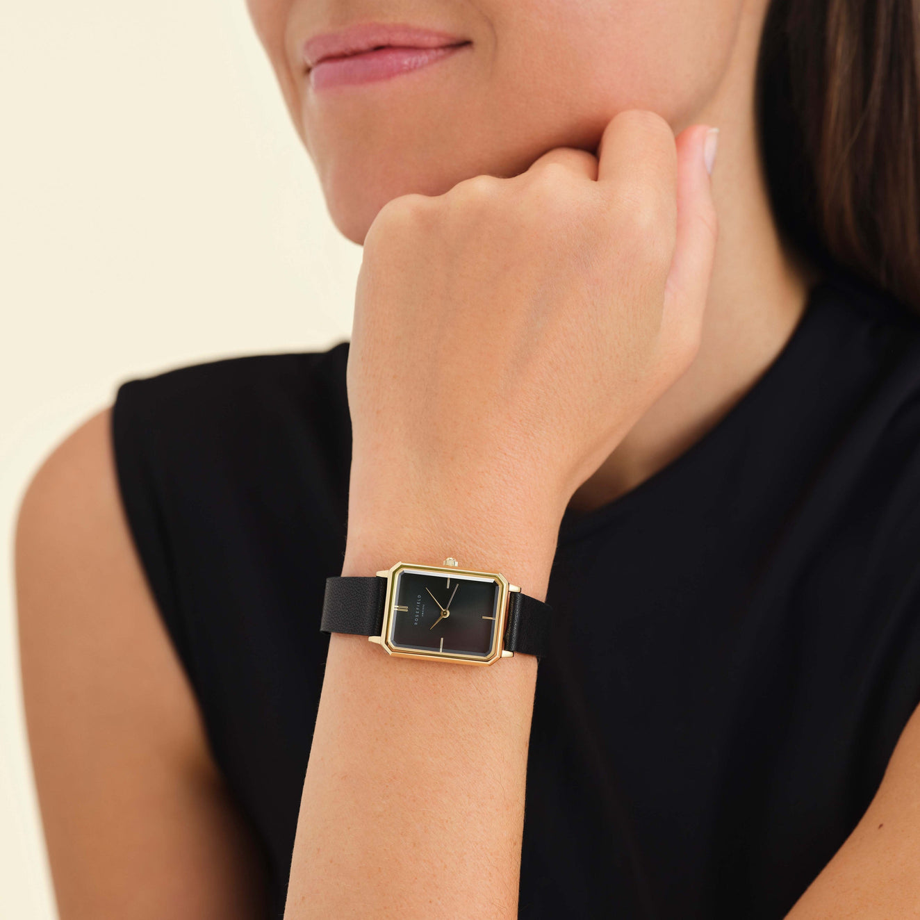 The Octagon Black Sunray Black Leather Gold | Rosefield Official